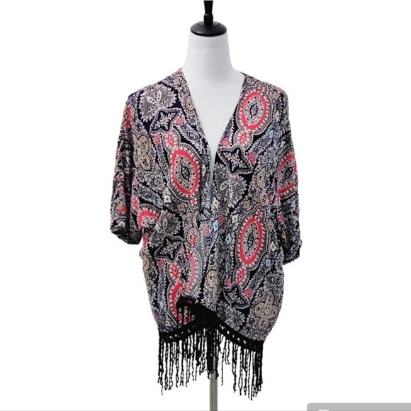Moon Collection Boho Open-Front Cardigan Fringe Short Sleeve Crotchet Hem Size L - Picture 1 of 9